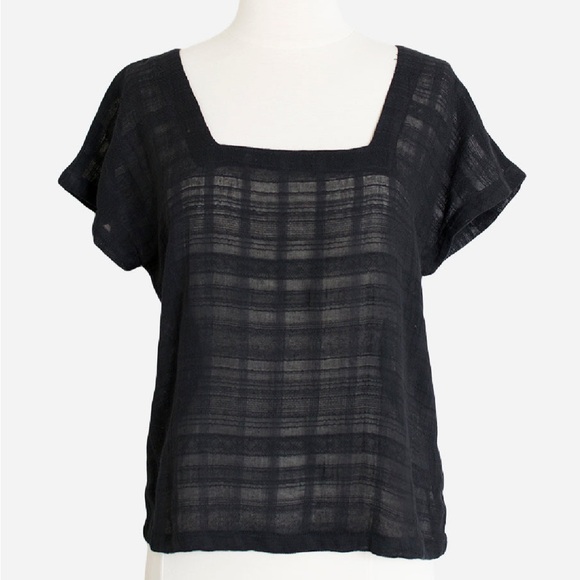 NEW Black Textured Cotton Gauze  Button Back Square Neck Tee, Made in USA - Picture 3 of 6
